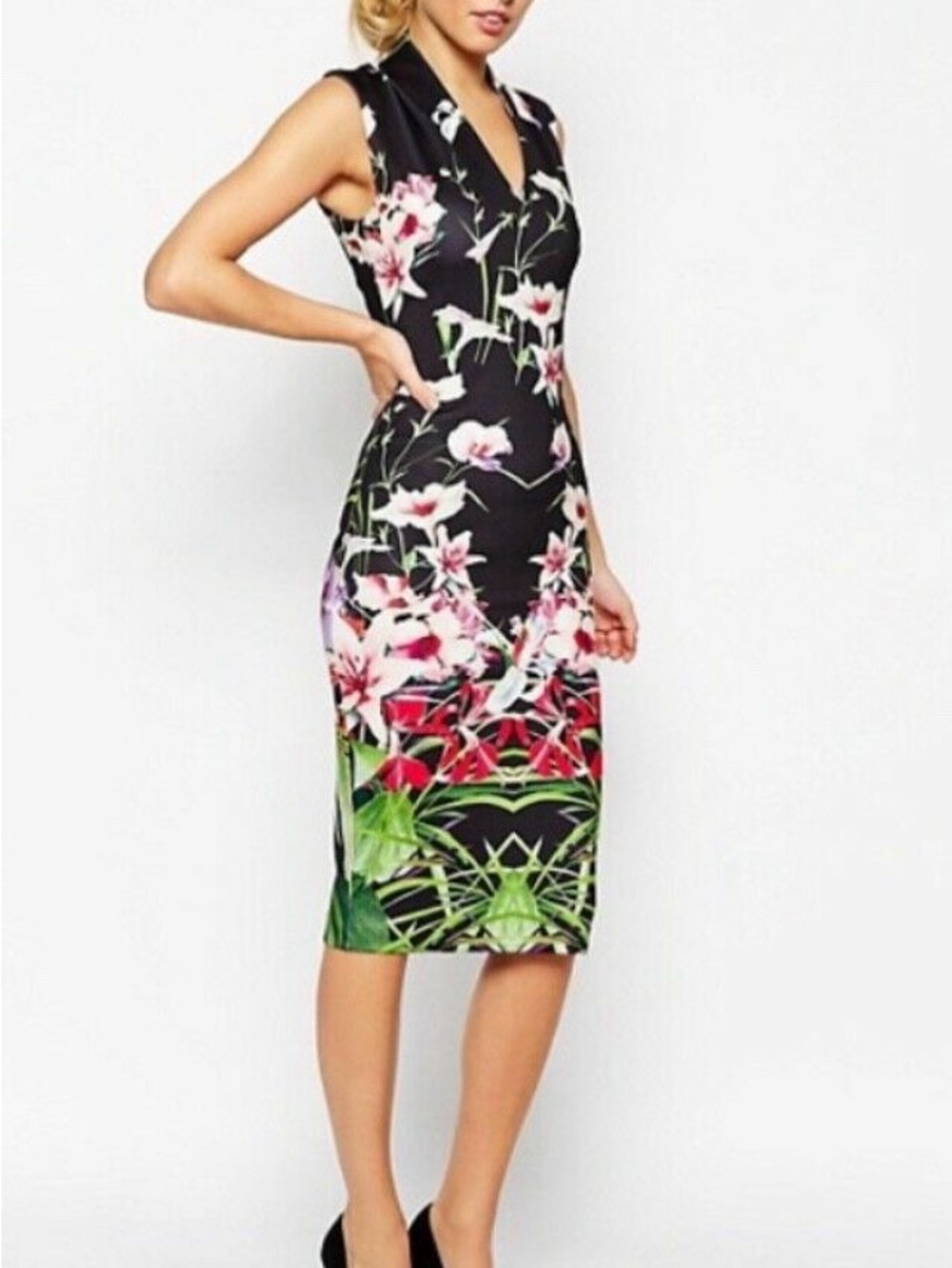Ted Baker Jalita Mirrored Tropics Floral Midi Dress Size 1 Black Bodycon